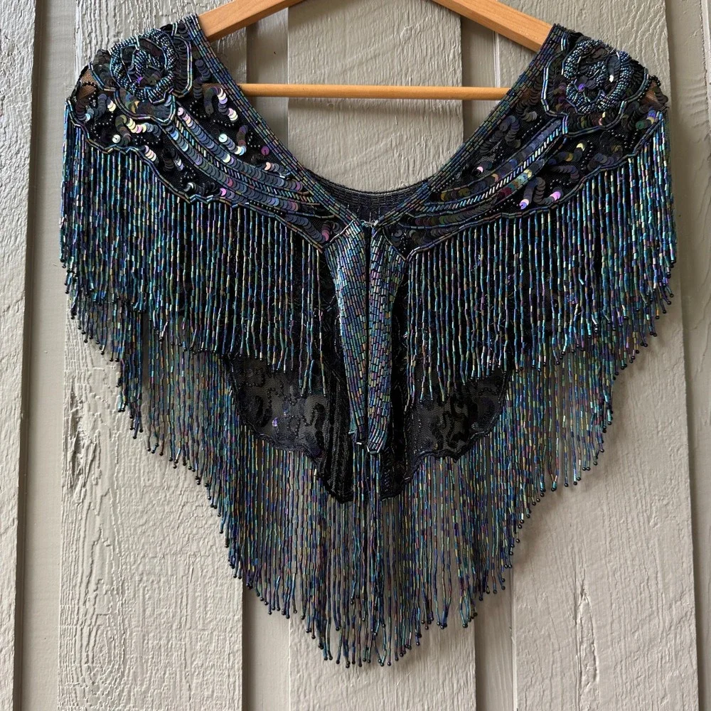 Vintage Beaded Fringe Capelet Shawl Womens Iridescent Floral One Size Black